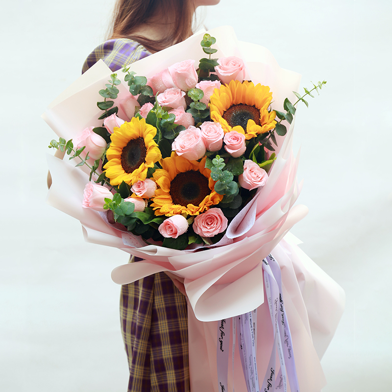 粉玫瑰向日葵混搭花束 澳洲送花